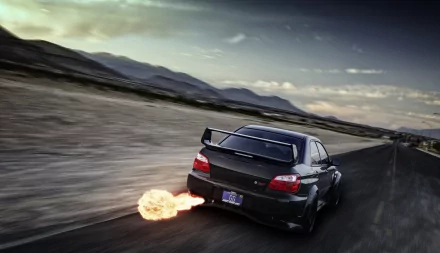 A black Subaru Impreza speeding on a desert road with flames shooting from its exhaust, captured in a dynamic 4K Ultra HD desktop wallpaper.