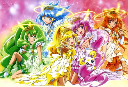 HD PC desktop wallpaper featuring vibrant characters from the anime Smile Precure!, showcasing five magical girls with colorful outfits and glowing halos.