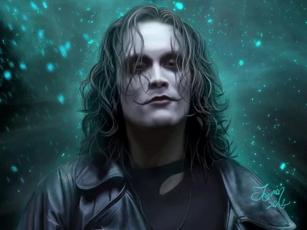 HD PC desktop wallpaper featuring a moody close-up of the movie character from The Crow, with dark tones and glowing blue-green specks in the background.
