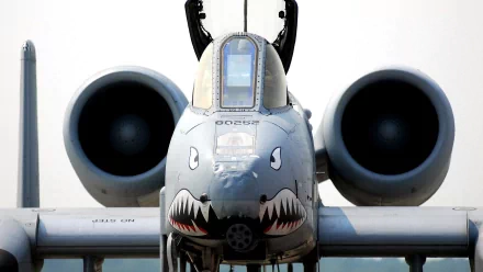 Front view of a Fairchild Republic A-10 Thunderbolt II military aircraft with shark mouth nose art, shown in 4K Ultra HD as a PC desktop wallpaper background.