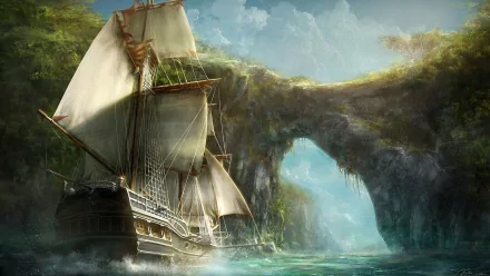 HD desktop wallpaper featuring a fantasy ship sailing through a lush, green landscape with a large natural arch.