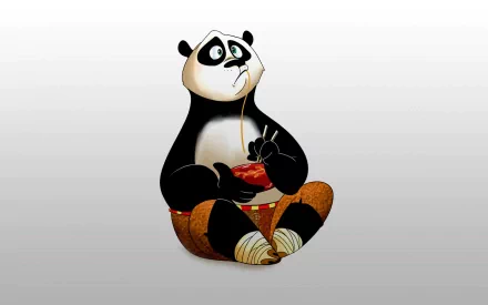 A cute cartoon panda from Kung Fu Panda, sitting with a bowl of noodles and chopsticks, makes an engaging HD PC desktop wallpaper and background.