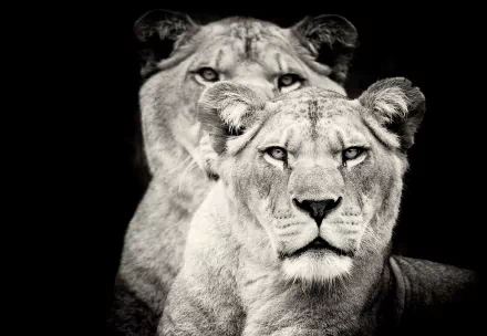 Black and white HD desktop wallpaper featuring a close-up of two lionesses with intense gazes against a dark background.