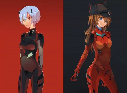 HD wallpaper featuring Rei Ayanami and Asuka Langley Sohryu from Evangelion: 3.0 You Can (Not) Redo, showcasing their iconic designs against a vibrant red and dark background.