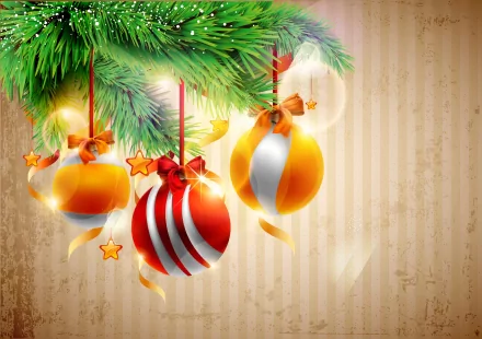 HD desktop wallpaper featuring colorful Christmas ornaments hanging from a pine branch, set against a festive striped background, celebrating the holiday spirit.