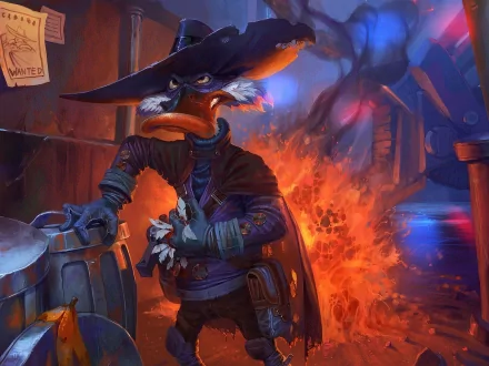 HD PC desktop wallpaper and background of Darkwing Duck (TV show): masked duck in a wide-brim hat and cape stands in a fiery alley with dramatic lighting and an explosion behind him.