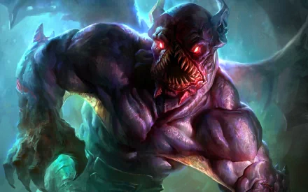 HD desktop wallpaper featuring Night Stalker from the video game DotA 2. The character has a menacing appearance with glowing red eyes, sharp teeth, and muscular build, set against a dark and eerie background.