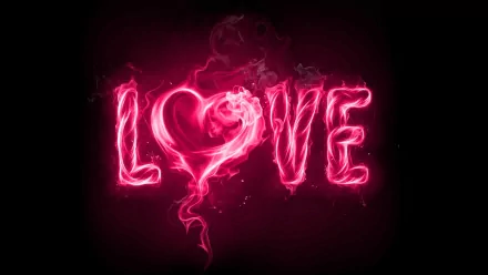 HD desktop wallpaper featuring the word LOVE in glowing pink and red smoke, with a heart shape forming the O against a dark background, evoking a sense of love and artistic flair.