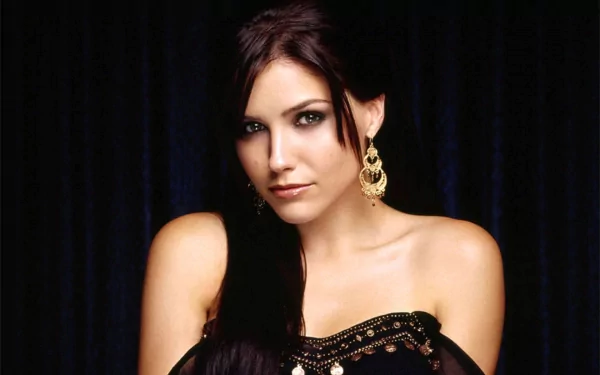 HD desktop wallpaper featuring celebrity Sophia Bush in an elegant black outfit with gold earrings against a dark background.