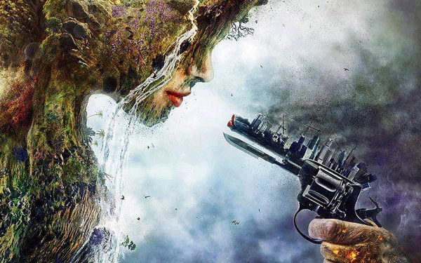 A captivating fantasy-themed HD wallpaper featuring a sylvan figure merging with nature, confronting a hand holding a gun, evoking themes of tension between humanity and the environment.