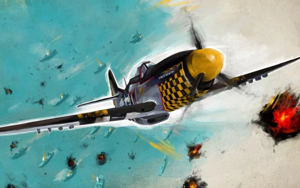 4K Ultra HD military aircraft artwork showing a fighter plane with a yellow nose flying amid explosions and other planes in a dynamic aerial battle scene.