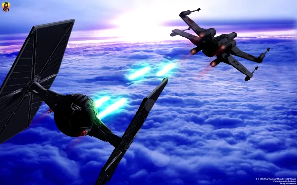 An intense sci-fi battle scene featuring an X-Wing and TIE fighter exchanging laser fire above the clouds, capturing the essence of Star Wars in stunning HD.