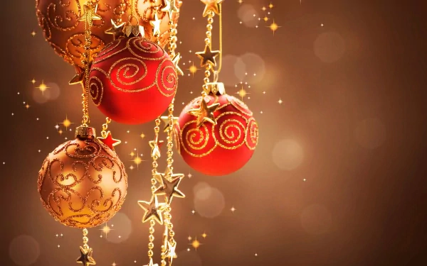 Close-up of festive Christmas ornaments in rich reds and golds, hanging with sparkling stars against a warm, blurred background, creating a vibrant holiday ambiance in 8K Ultra HD.