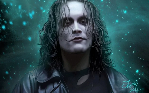 HD PC desktop wallpaper featuring a moody close-up of the movie character from The Crow, with dark tones and glowing blue-green specks in the background.