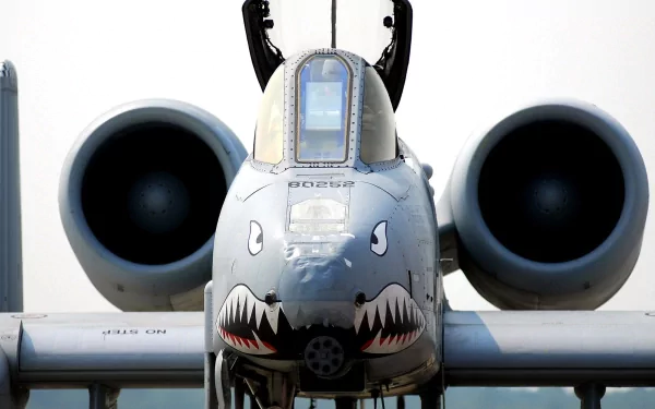 Front view of a Fairchild Republic A-10 Thunderbolt II military aircraft with shark mouth nose art, shown in 4K Ultra HD as a PC desktop wallpaper background.