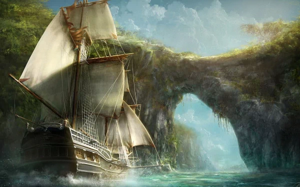 HD desktop wallpaper featuring a fantasy ship sailing through a lush, green landscape with a large natural arch.