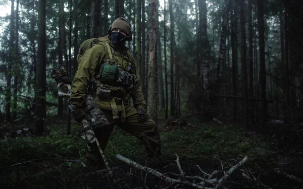 A Russian special forces soldier stands in a dense forest, adorned in tactical gear. The image captures a striking blend of military readiness and the wilderness. High-definition background.