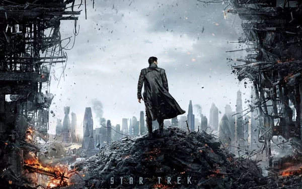 HD PC desktop wallpaper featuring a dramatic scene from the movie Star Trek Into Darkness with a lone figure overlooking a shattered futuristic cityscape.