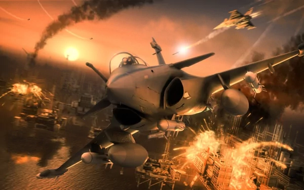 HD PC desktop wallpaper featuring intense aerial combat from the video game Tom Clancy's H.A.W.X., showcasing fighter jets and fiery explosions.