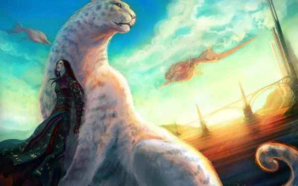 A fantastical scene featuring a majestic white leopard and a figure in a flowing robe, with vibrant skies and distant creatures, creating an enchanting HD desktop wallpaper.