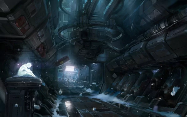 A hauntingly atmospheric HD desktop wallpaper inspired by Halo 4, showcasing a dimly lit corridor filled with futuristic machinery and mysterious elements.