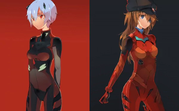 HD wallpaper featuring Rei Ayanami and Asuka Langley Sohryu from Evangelion: 3.0 You Can (Not) Redo, showcasing their iconic designs against a vibrant red and dark background.