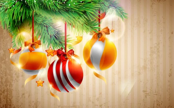 HD desktop wallpaper featuring colorful Christmas ornaments hanging from a pine branch, set against a festive striped background, celebrating the holiday spirit.