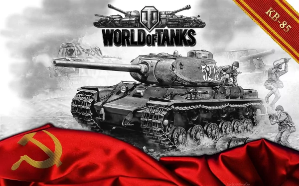 4K Ultra HD World of Tanks PC wallpaper featuring a detailed KB-85 tank with Soviet flag elements and soldiers in a combat scene.