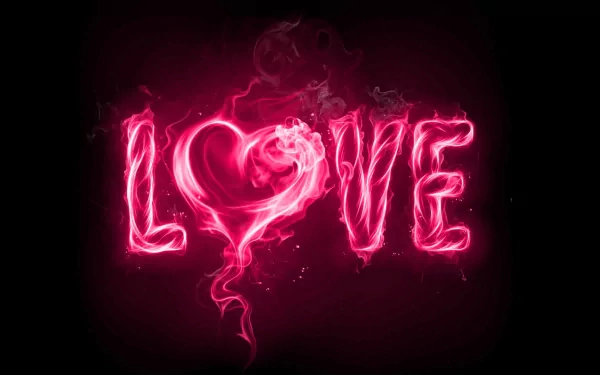 HD desktop wallpaper featuring the word LOVE in glowing pink and red smoke, with a heart shape forming the O against a dark background, evoking a sense of love and artistic flair.