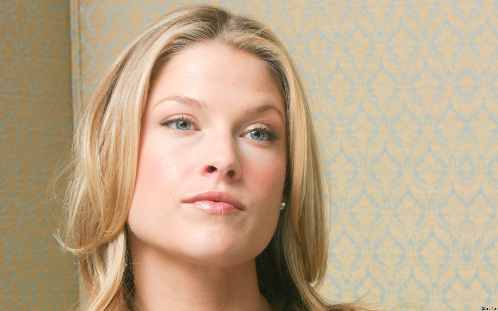 HD desktop wallpaper featuring a close-up portrait of celebrity Ali Larter against a patterned background.