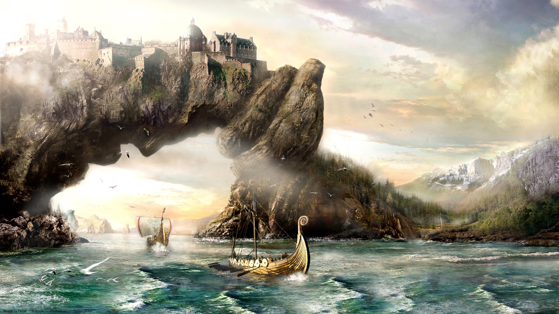 A majestic fantasy city perched atop a rocky archway, with Viking ships sailing below in a serene, misty seascape, creating an enchanting HD PC desktop wallpaper and background.
