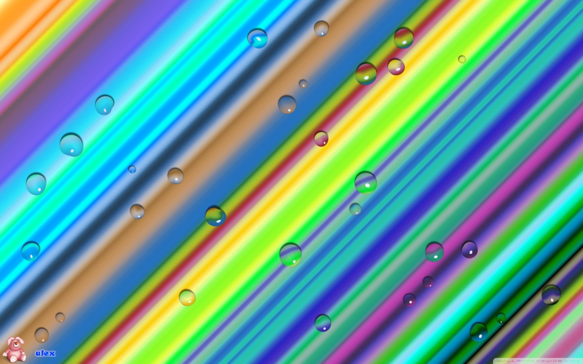 HD PC desktop wallpaper featuring an abstract design with colorful diagonal stripes and translucent water droplets forming circular patterns.