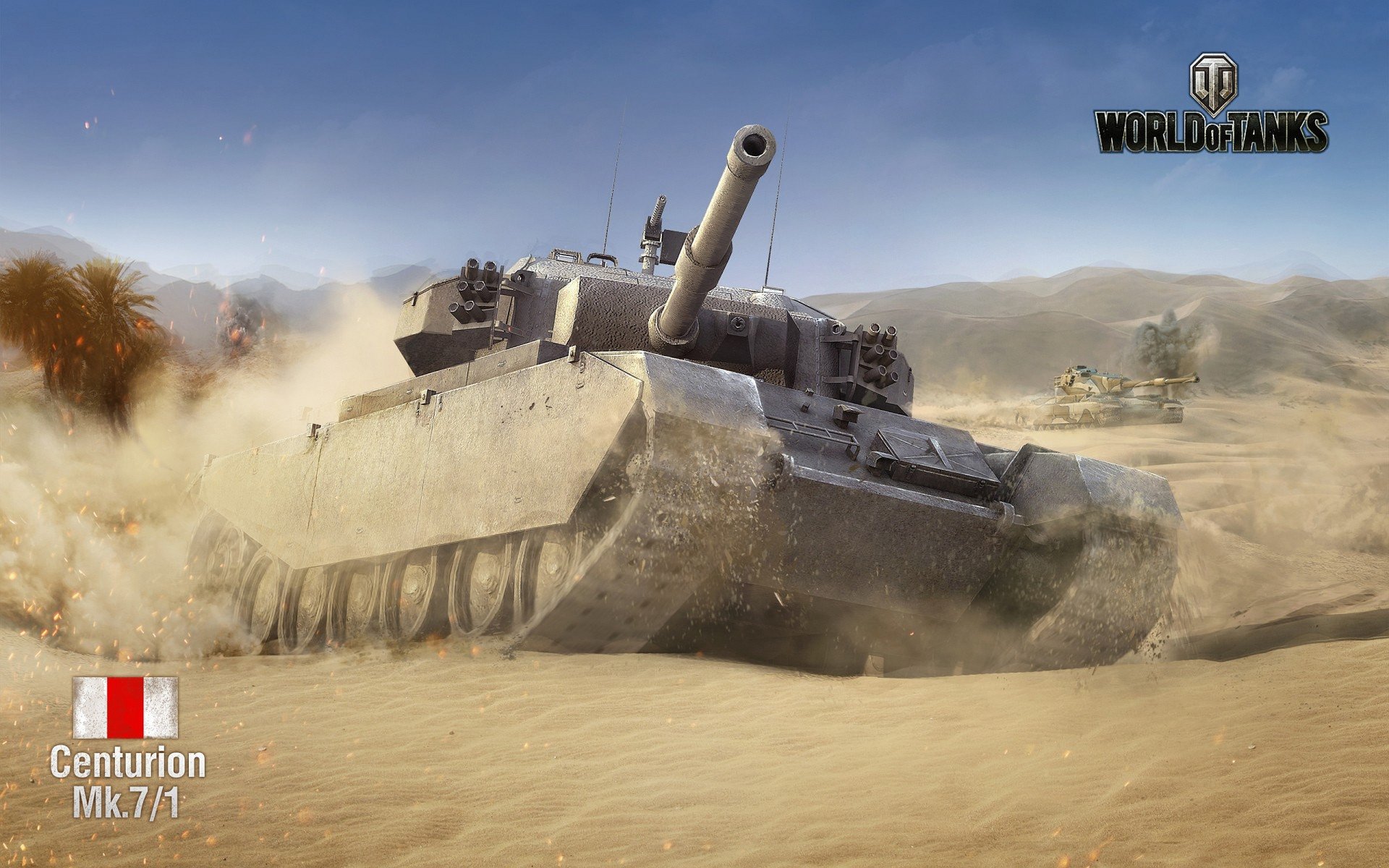 2K Quad HD PC desktop wallpaper/background of the World of Tanks video game: Centurion Mk.7/1 tank charging through desert sands, kicking up dust, with the game logo.