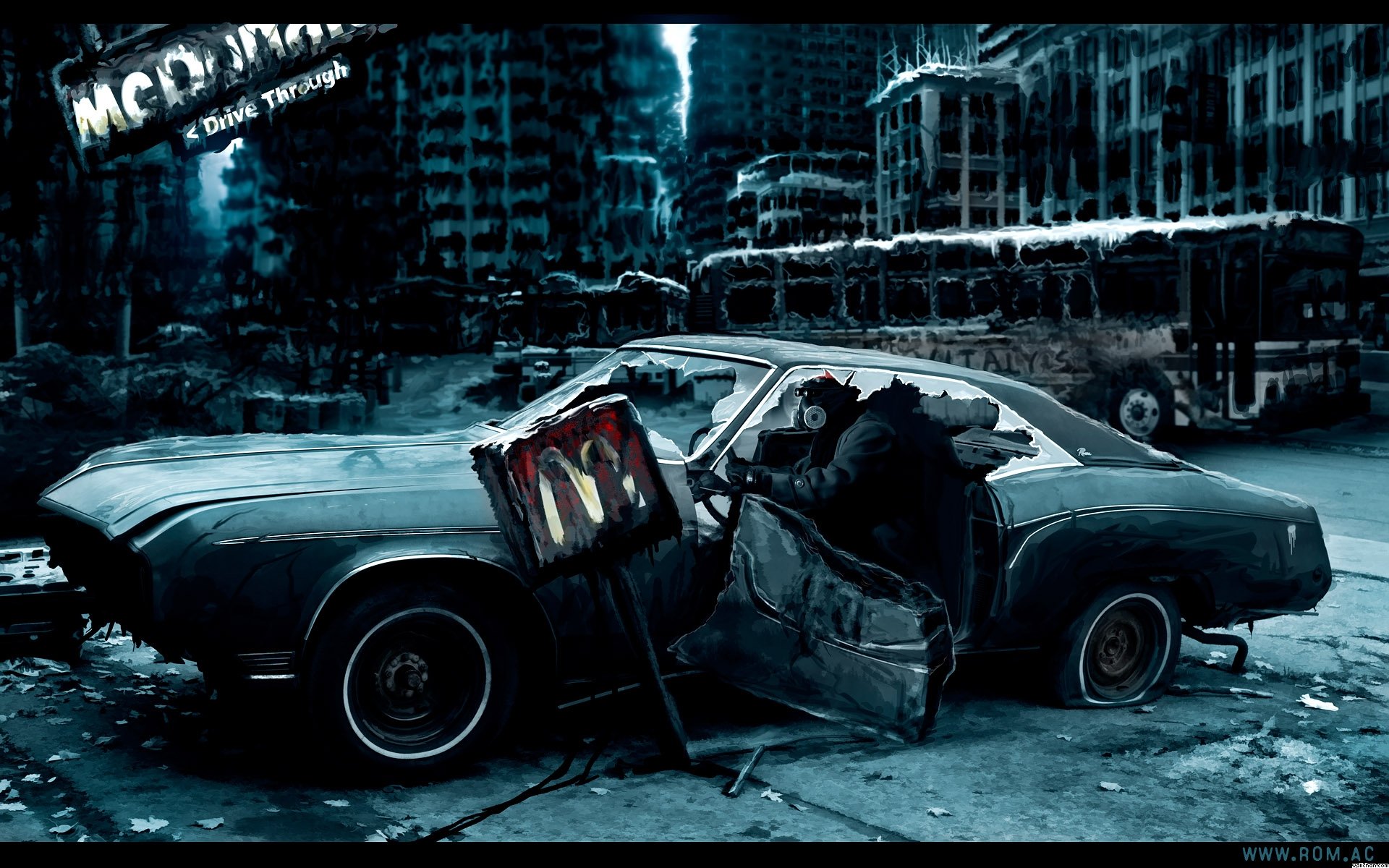 HD PC desktop wallpaper depicting a sci-fi post-apocalyptic scene with a damaged car in a ruined cityscape under a dark, moody sky.