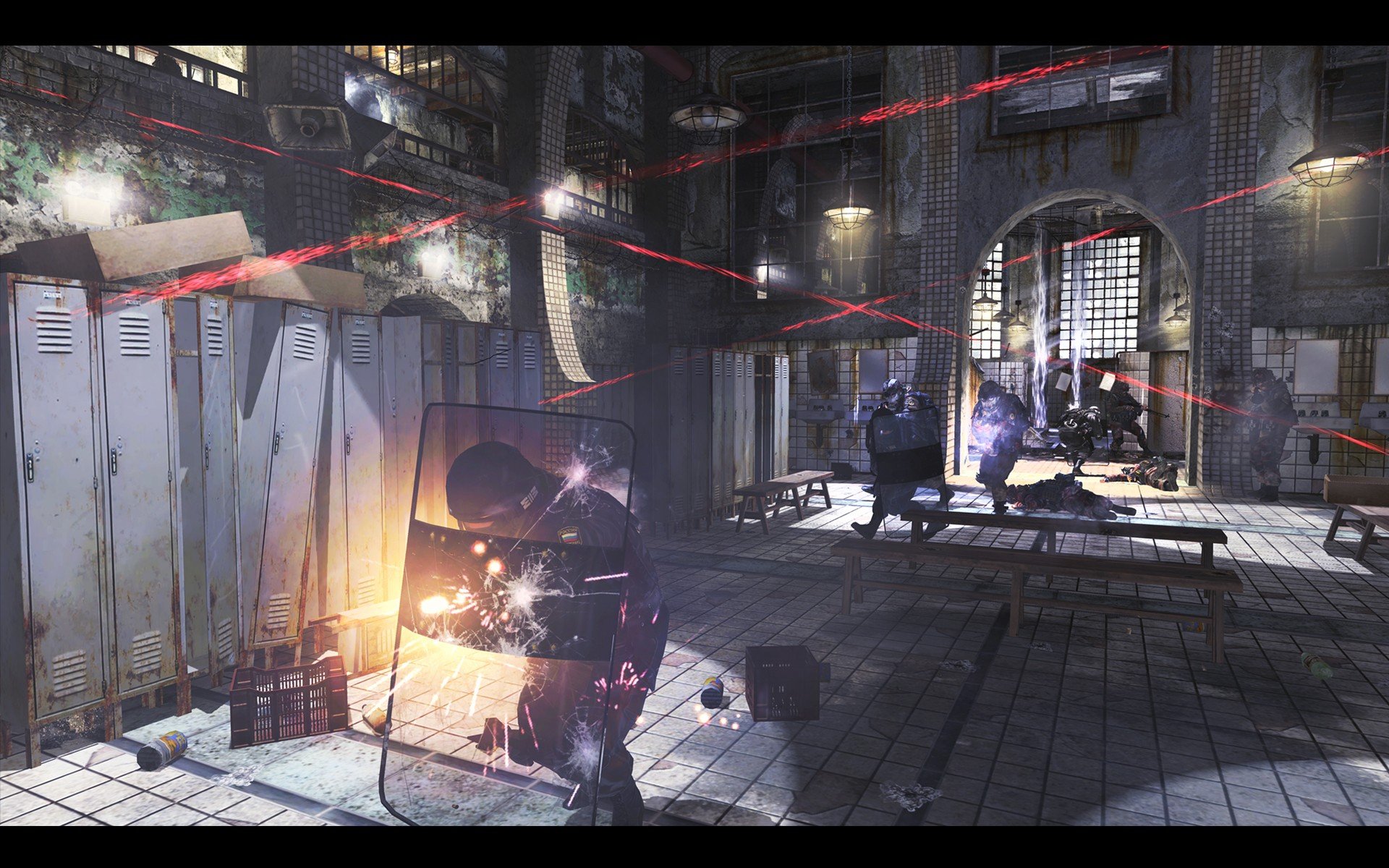 HD PC desktop wallpaper: Call of Duty: Modern Warfare 2 — action combat scene of soldiers shooting amid debris and red tracer lines in a grim interior.