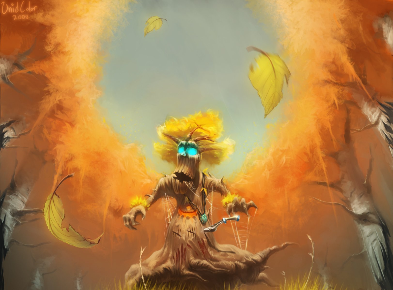 HD fantasy forest wallpaper featuring a mystical tree creature with glowing blue eyes, surrounded by autumn leaves under a hazy sky.