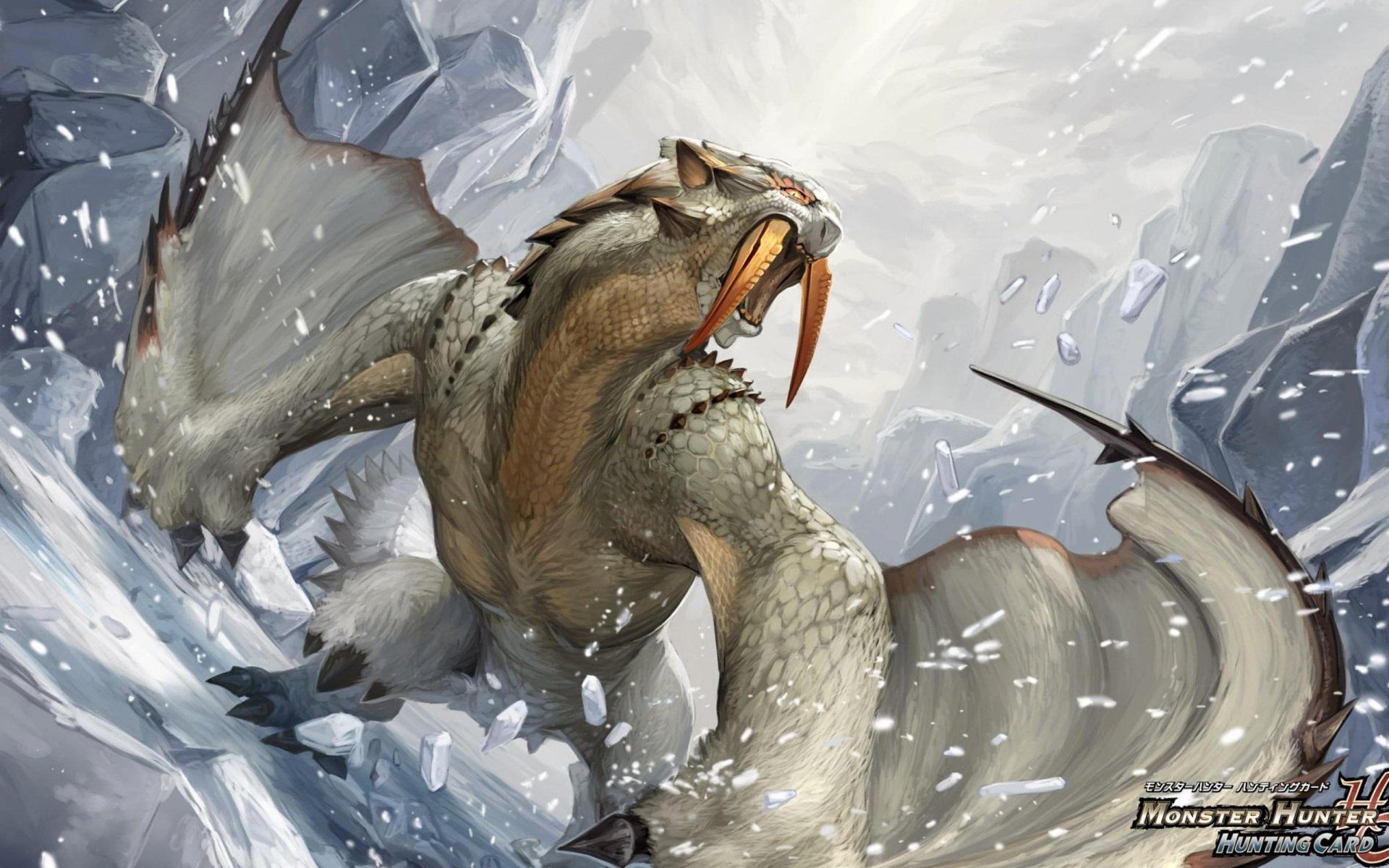 A fierce monster from Monster Hunter charges through a snowy landscape, showcasing dynamic motion and intricate details, designed as a high-definition PC desktop wallpaper.