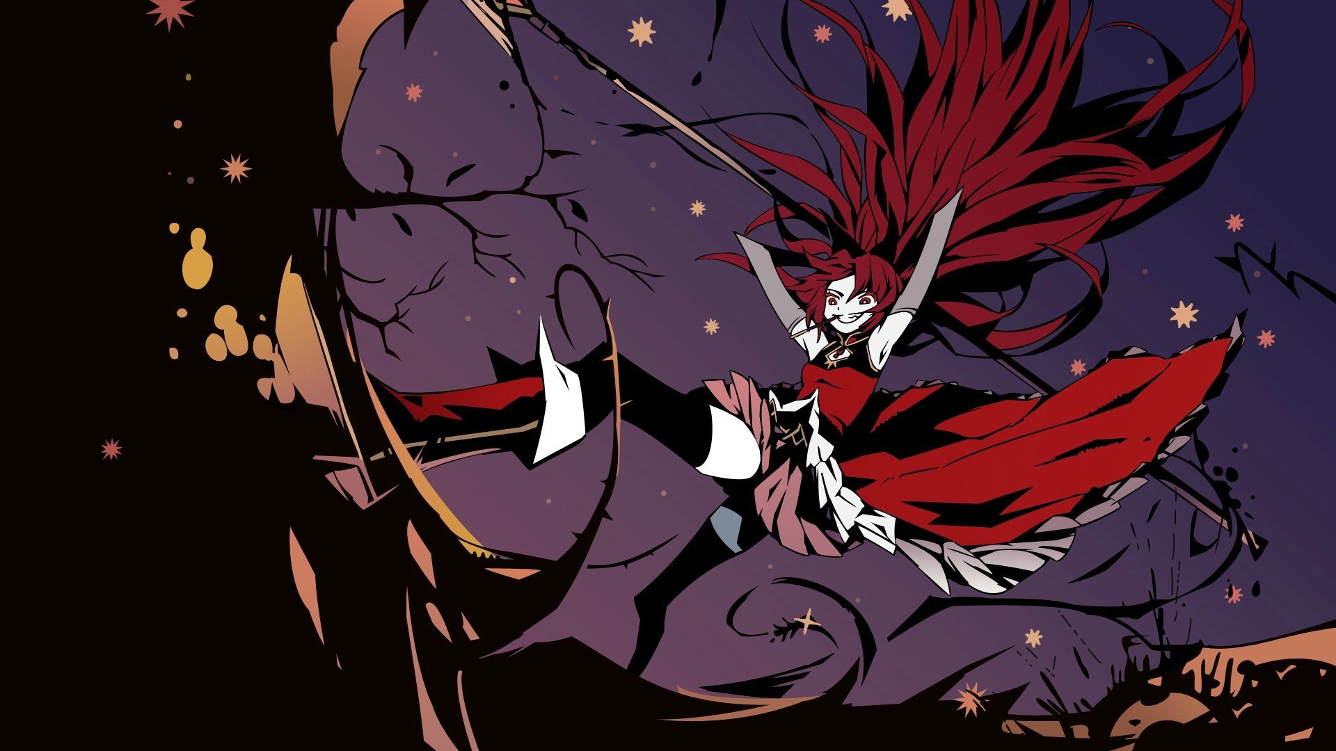 HD PC desktop wallpaper featuring Kyōko Sakura from the anime Puella Magi Madoka Magica, depicted with flowing red hair and dynamic pose against a dark, starry background.
