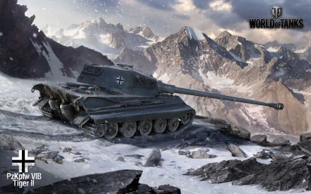 A high-definition desktop wallpaper featuring the PzKpfw VIB Tiger II tank amidst a dramatic mountain landscape, branded with the World of Tanks logo.