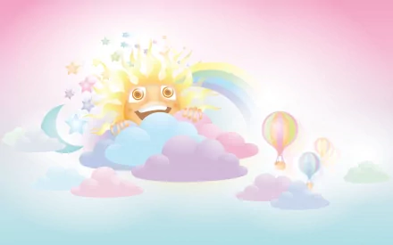 A vibrant digital illustration featuring a cheerful sun peeking from colorful clouds, surrounded by balloons and sparkling stars, capturing a whimsical summer atmosphere.