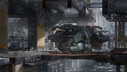 A stunning HD PC desktop wallpaper featuring a futuristic spaceship set within a vast, intricate sci-fi cityscape, with figures exploring the vibrant environment.