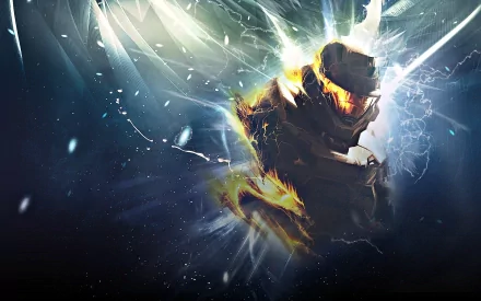 HD PC desktop wallpaper featuring a dynamic, glowing image of a Spartan soldier from the Halo video game series surrounded by abstract light effects.