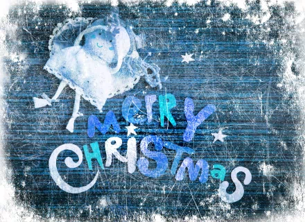 Merry Christmas greeting with a wintery, textured blue background and festive lettering, designed as a 4K Ultra HD holiday desktop wallpaper.