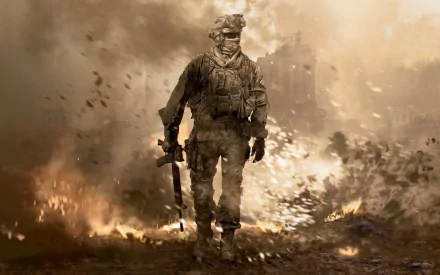 HD desktop wallpaper featuring a soldier from Call of Duty: Modern Warfare 2, surrounded by a dramatic explosion with debris flying, encapsulating the intense action of the video game.