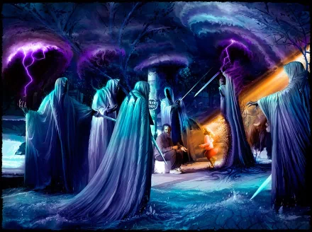 HD desktop wallpaper featuring dark, hooded demons with glowing eyes in a mystical, eerie setting.