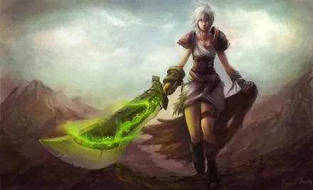 HD desktop wallpaper of Riven from the video game League of Legends, featuring her wielding a large green-glowing sword against a mountainous background.