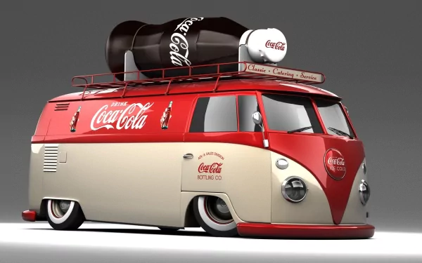 CGI HD wallpaper featuring a vintage Volkswagen van customized with Coca-Cola branding and a large Coke bottle and cap mounted on its roof.
