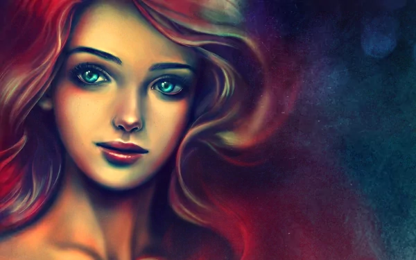 A vibrant HD desktop wallpaper inspired by the animated movie The Little Mermaid (1989), featuring a beautifully rendered character with flowing hair and expressive eyes.