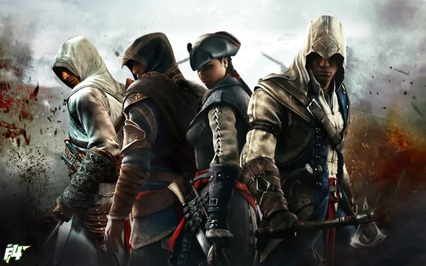 A dynamic HD desktop wallpaper featuring iconic characters from the Assassin's Creed video game series, showcasing their distinct costumes and weapons against a dramatic backdrop.