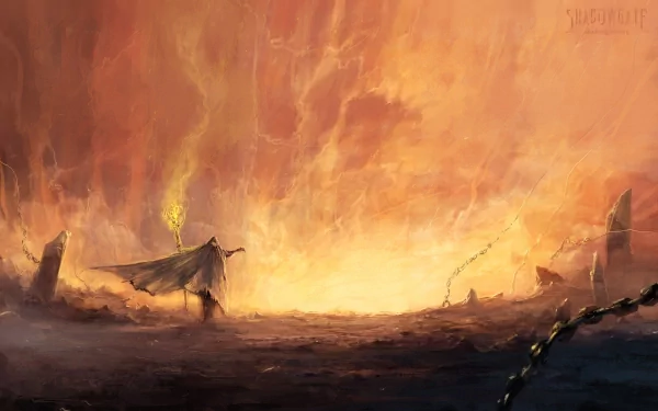 HD PC desktop wallpaper depicting a dark, fiery landscape inspired by the video game Shadowgate, featuring a lone figure holding a torch against a glowing horizon.